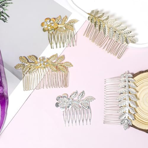 Gold & Silver Rhinestone Leaf Hair Combs - Set of 5 Metal Wedding Hair Clips for Women - görsel 12