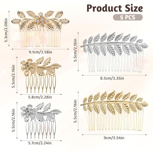 Gold & Silver Rhinestone Leaf Hair Combs - Set of 5 Metal Wedding Hair Clips for Women - görsel 4
