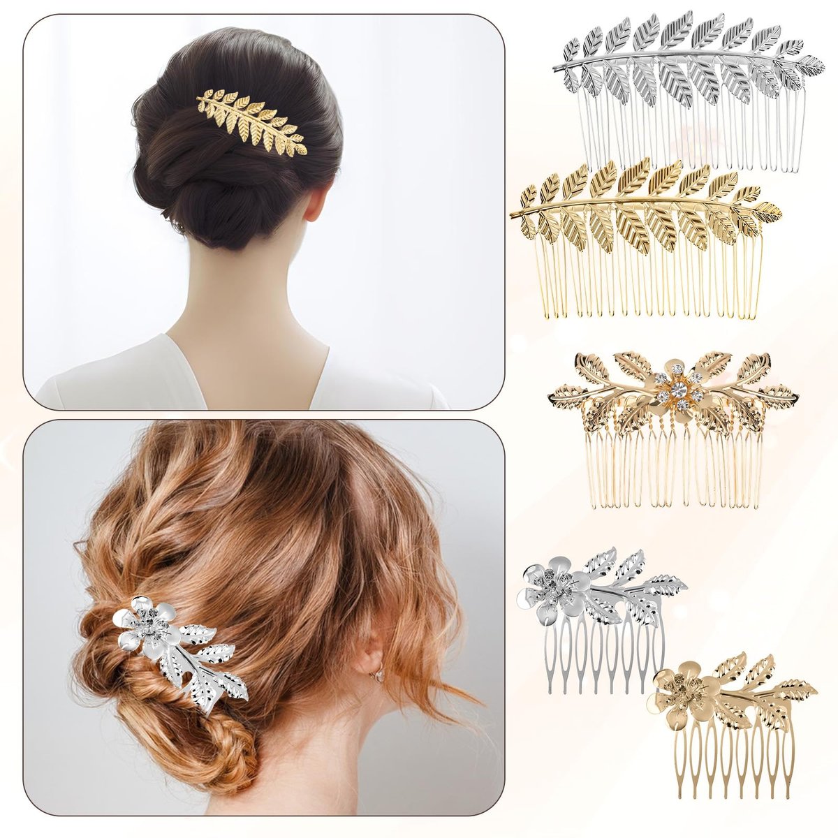 Gold & Silver Rhinestone Leaf Hair Combs - Set of 5 Metal Wedding Hair Clips for Women - görsel 5
