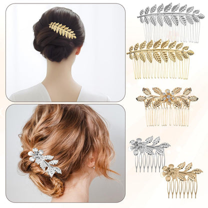 Gold & Silver Rhinestone Leaf Hair Combs - Set of 5 Metal Wedding Hair Clips for Women