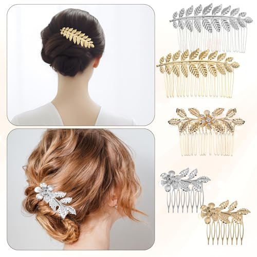 Gold & Silver Rhinestone Leaf Hair Combs - Set of 5 Metal Wedding Hair Clips for Women - görsel 6