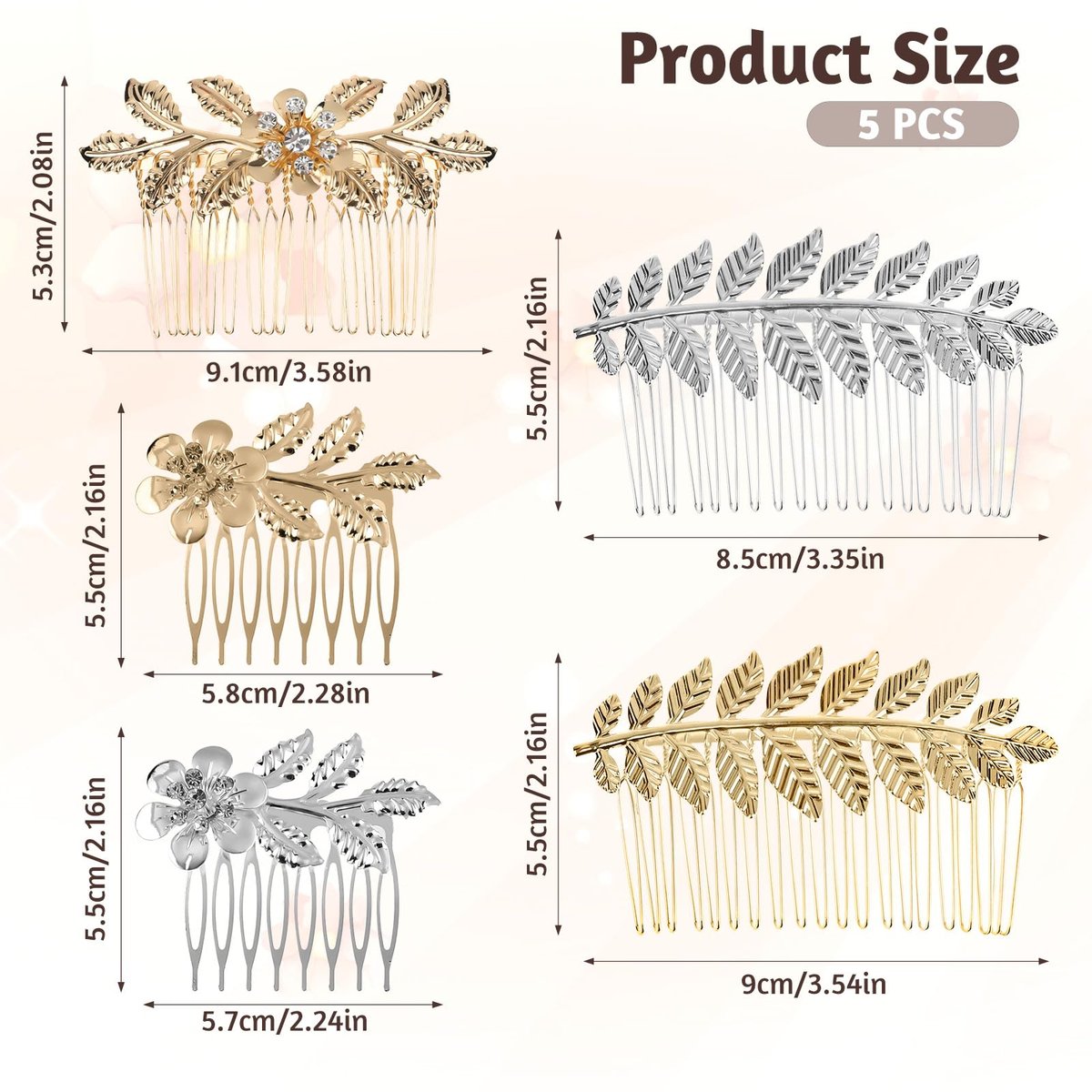 Gold & Silver Rhinestone Leaf Hair Combs - Set of 5 Metal Wedding Hair Clips for Women - görsel 3