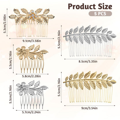 Gold & Silver Rhinestone Leaf Hair Combs - Set of 5 Metal Wedding Hair Clips for Women