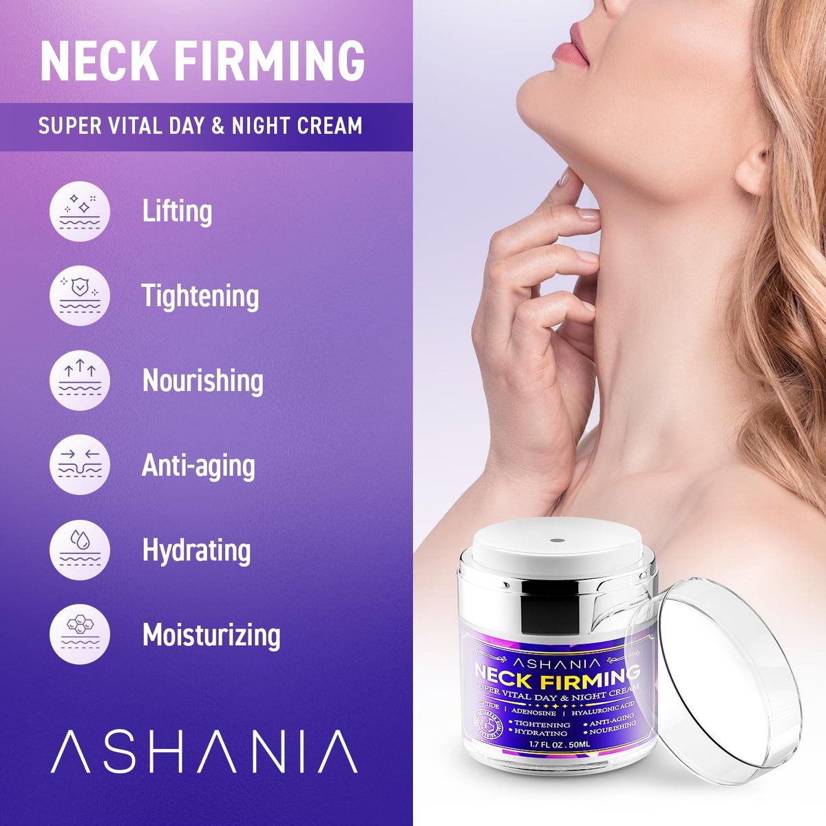 Ashania Korean Neck Firming Cream for Wrinkles & Sagging Skin – Peptide, Adenosine & Hyaluronic Acid Tightening Formula, Made in Korea (1.7 fl oz) Avelisse