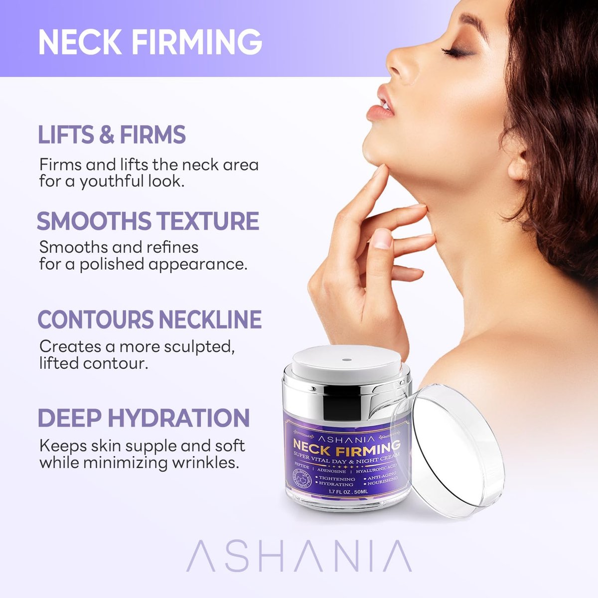 Ashania Korean Neck Firming Cream for Wrinkles & Sagging Skin – Peptide, Adenosine & Hyaluronic Acid Tightening Formula, Made in Korea (1.7 fl oz) Avelisse