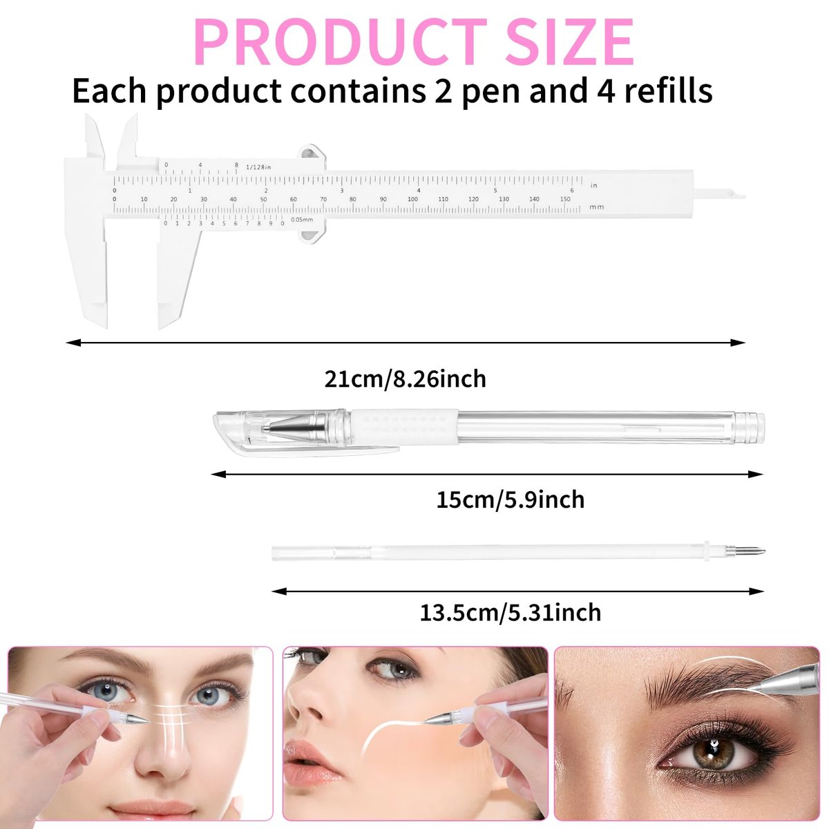 Eyebrow Microblading Marker Pen, 2 Pcs Brow Mapping Pens with 4 Replacement Refills and 1 Ruler - White Avelisse