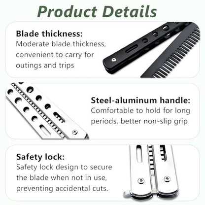 Jaasuee 2-Piece Stainless Steel Folding Practice Combs - Black and Silver, Portable Hair Styling Tools for Sports and Outdoor Use