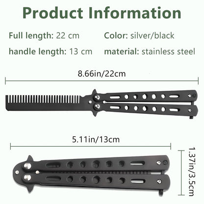 Jaasuee 2-Piece Stainless Steel Folding Practice Combs - Black and Silver, Portable Hair Styling Tools for Sports and Outdoor Use