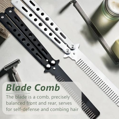 Jaasuee 2-Piece Stainless Steel Folding Practice Combs - Black and Silver, Portable Hair Styling Tools for Sports and Outdoor Use