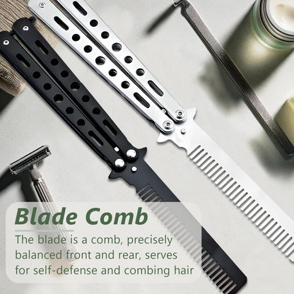 Jaasuee 2-Piece Stainless Steel Folding Practice Combs - Black and Silver, Portable Hair Styling Tools for Sports and Outdoor Use