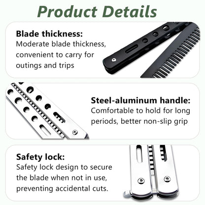 Jaasuee 2-Piece Stainless Steel Folding Practice Combs - Black and Silver, Portable Hair Styling Tools for Sports and Outdoor Use