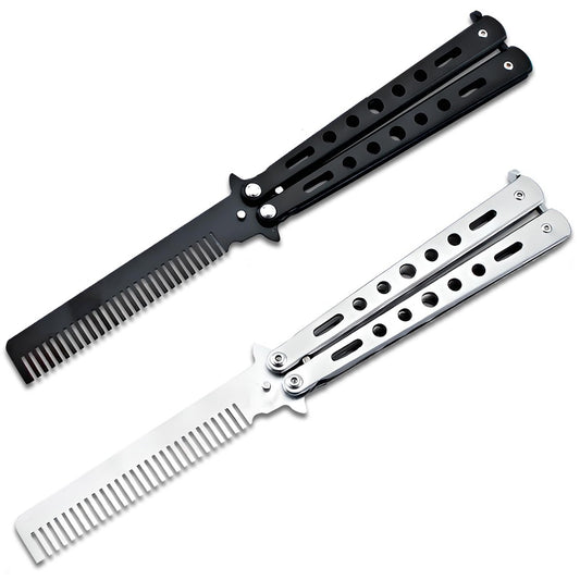 Jaasuee 2-Piece Stainless Steel Folding Practice Combs - Black and Silver, Portable Hair Styling Tools for Sports and Outdoor Use