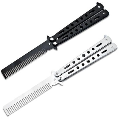 Jaasuee 2-Piece Stainless Steel Folding Practice Combs - Black and Silver, Portable Hair Styling Tools for Sports and Outdoor Use