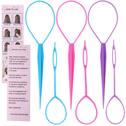Schembo Topsy Tail Hair Tool Set – 6-Piece Loop Styling Tool for Ponytail Pull Through, 2 Sizes, 3 Colors (Pink/Purple/Blue) for Women, Girls & Kids