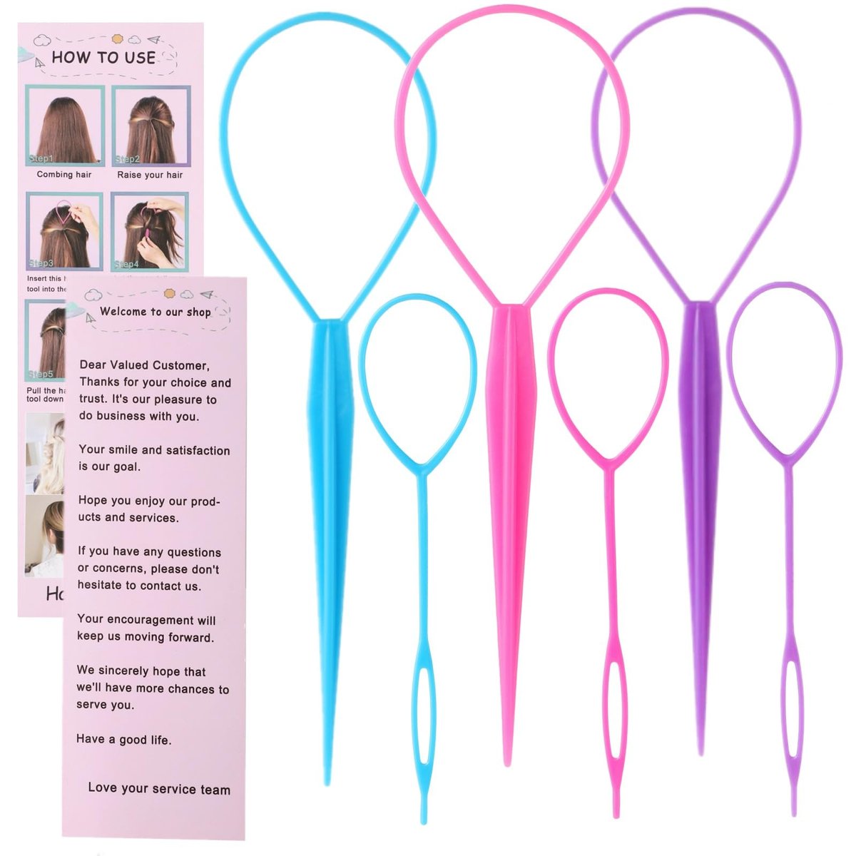 Schembo Topsy Tail Hair Tool Set – 6-Piece Loop Styling Tool for Ponytail Pull Through, 2 Sizes, 3 Colors (Pink/Purple/Blue) for Women, Girls & Kids - görsel 5