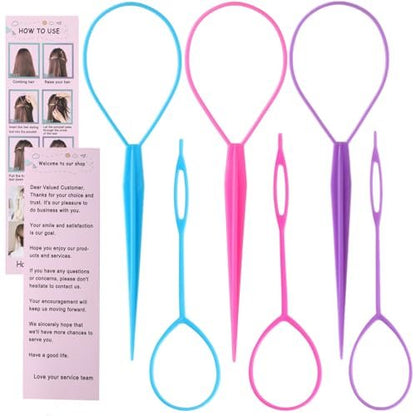 Schembo Topsy Tail Hair Tool Set – 6-Piece Loop Styling Tool for Ponytail Pull Through, 2 Sizes, 3 Colors (Pink/Purple/Blue) for Women, Girls & Kids