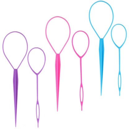 Schembo Topsy Tail Hair Tool Set – 6-Piece Loop Styling Tool for Ponytail Pull Through, 2 Sizes, 3 Colors (Pink/Purple/Blue) for Women, Girls & Kids