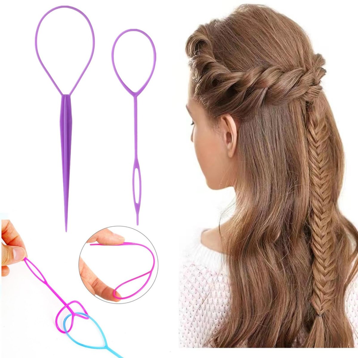 Schembo Topsy Tail Hair Tool Set – 6-Piece Loop Styling Tool for Ponytail Pull Through, 2 Sizes, 3 Colors (Pink/Purple/Blue) for Women, Girls & Kids - görsel 13