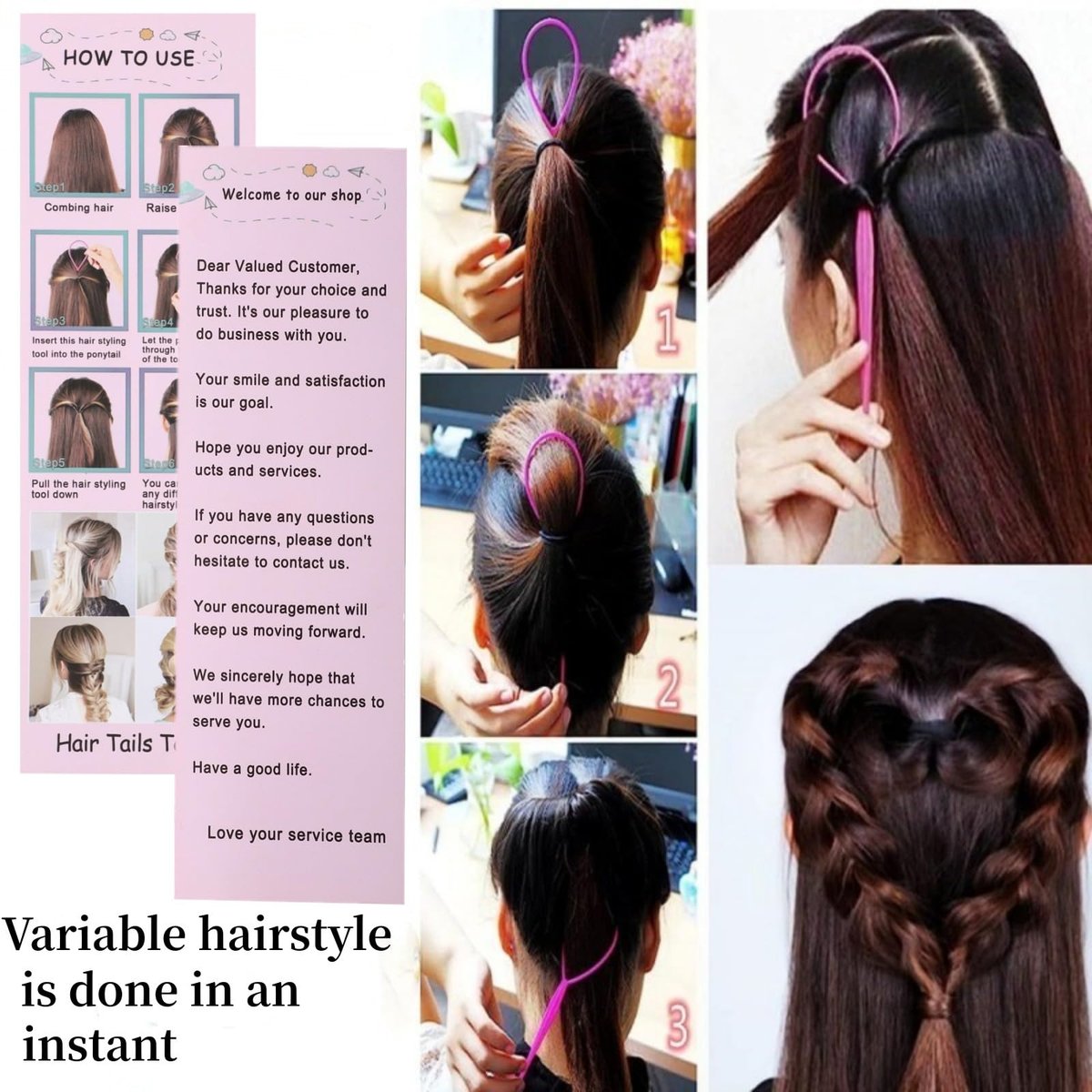 Schembo Topsy Tail Hair Tool Set – 6-Piece Loop Styling Tool for Ponytail Pull Through, 2 Sizes, 3 Colors (Pink/Purple/Blue) for Women, Girls & Kids - görsel 11