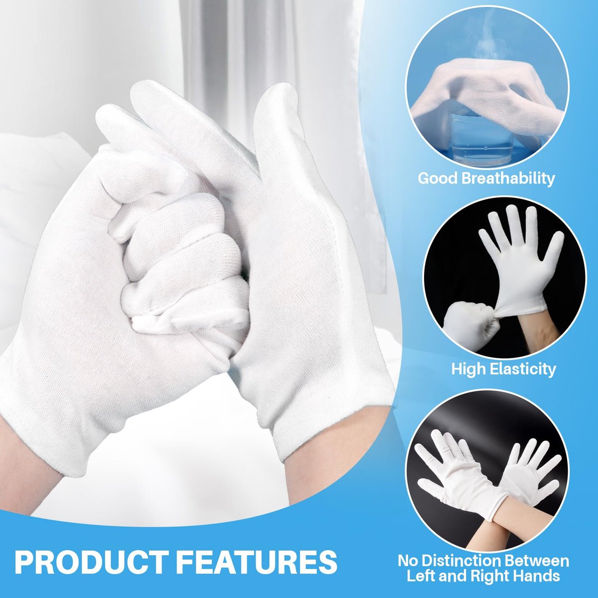 5 Pairs White Cotton Gloves - Breathable Cotton Gloves for Dry Hands, Sleeping, Inspection, Coin Handling, Reusable Soft Gloves for Eczema, Spa, Moisturizing - High Elasticity, Unisex - görsel 6