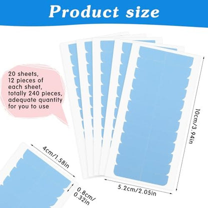 Mabor 240Pcs Tape for Hair Extensions - 1.58 x 0.32 Inch Double Sided Adhesive Strips, Blue