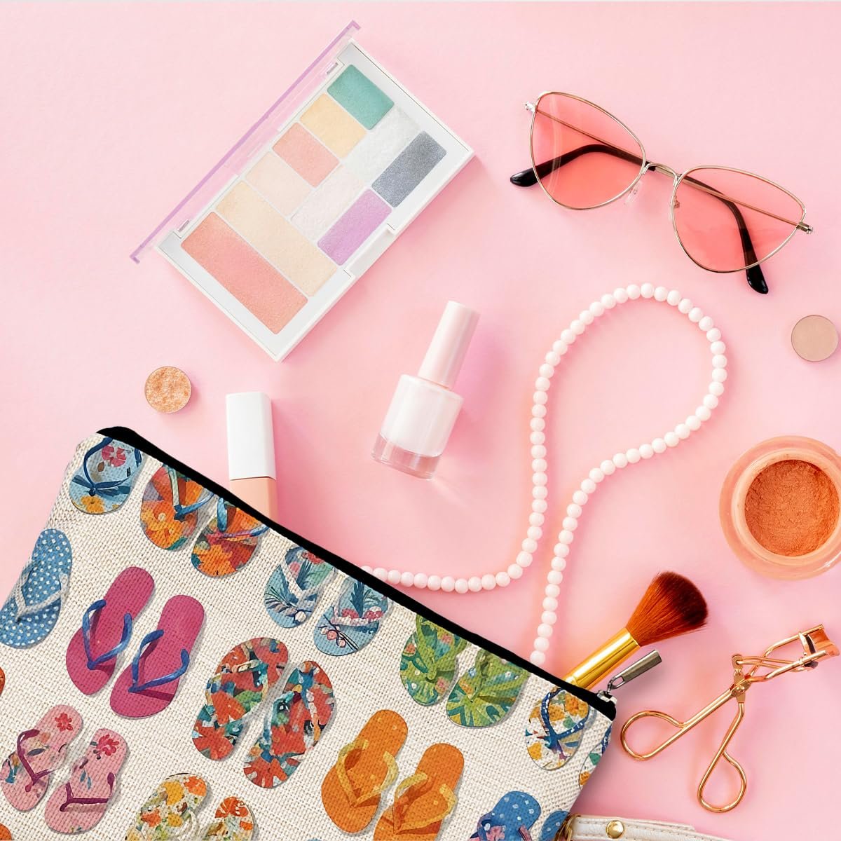 QGFM Multicolor Cartoon Beach-Themed Makeup Bag | Cosmetic Case for Women, Travel & Gym - görsel 5