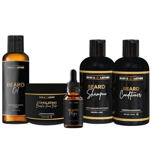 Bask & Lather Co. Healthy Men’s Hair & Beard Care Kit – Complete Growth Routine with Beard Oil, Shampoo, Conditioner & Scalp Moisture System for All Hair & Beard Types Avelisse
