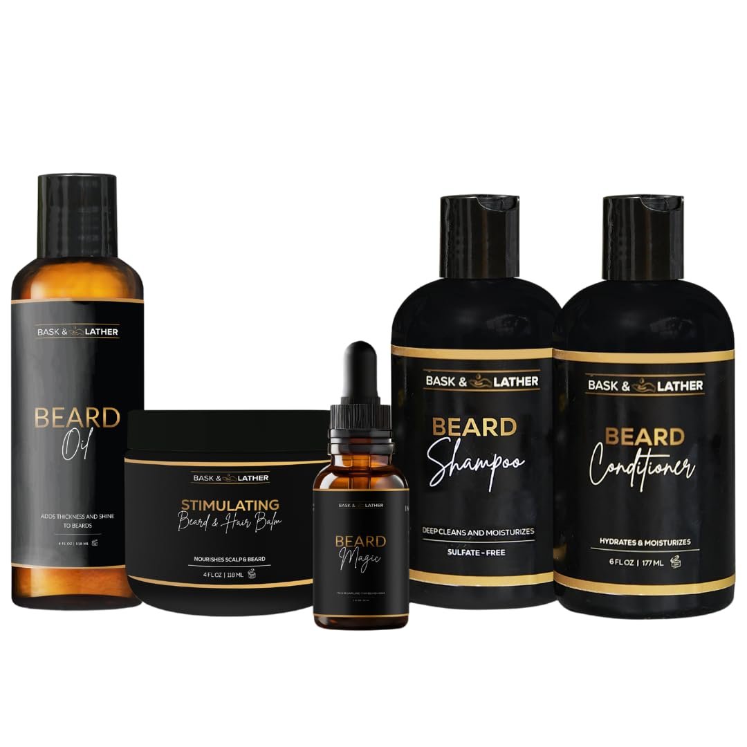 Bask & Lather Co. Healthy Men’s Hair & Beard Care Kit – Complete Growth Routine with Beard Oil, Shampoo, Conditioner & Scalp Moisture System for All Hair & Beard Types Avelisse