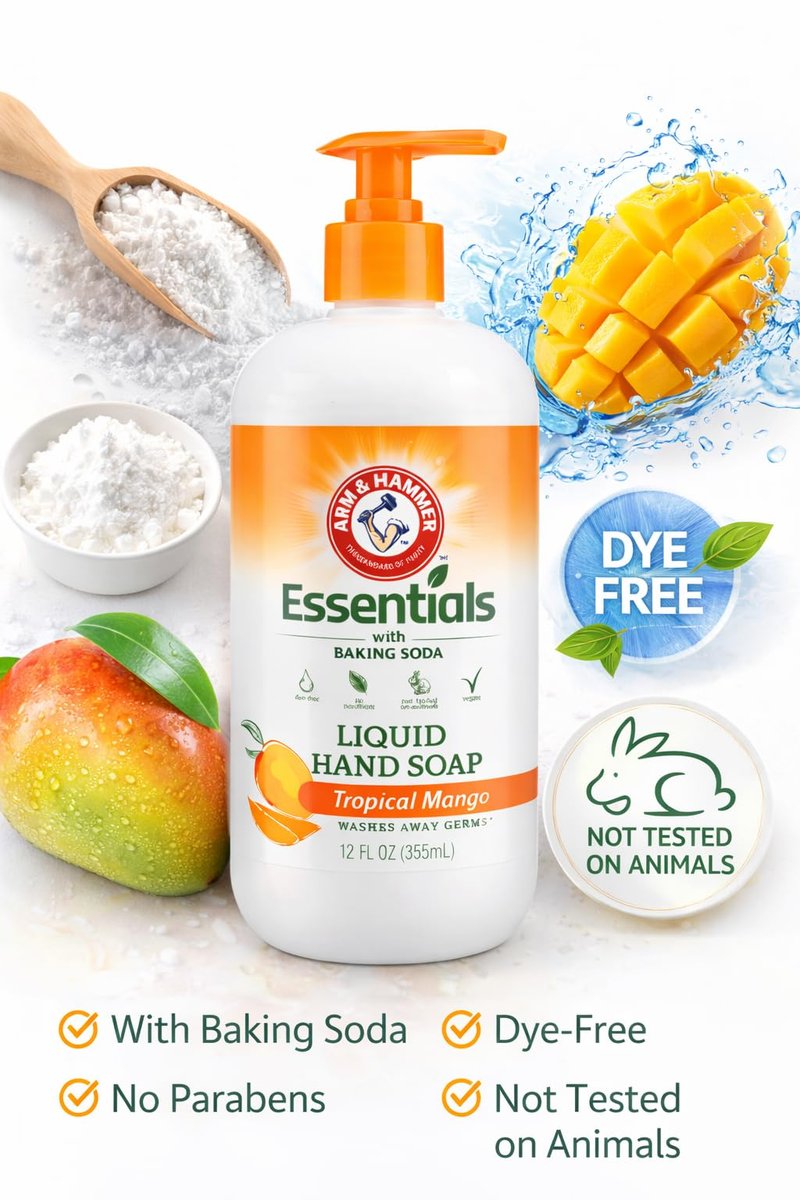 Arm & Hammer Essentials Gentle Baking Soda Liquid Hand Soap, Tropical Mango, 12 fl oz (Pack of 2) - görsel 3