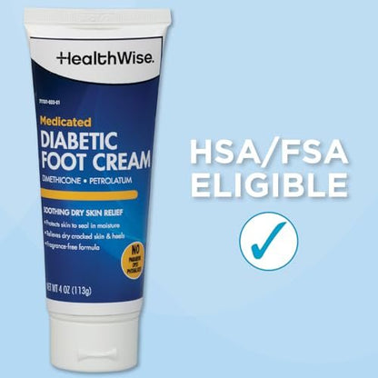 HealthWise Medicated Diabetic Foot Cream – Dimethicone + Petrolatum – Protects & Seals Dry, Cracked Heels – Paraben-Free & Odor-Free – 4 oz