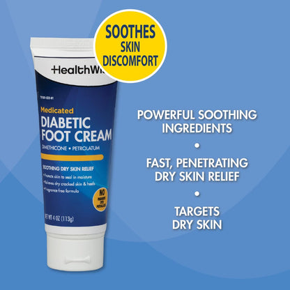 HealthWise Medicated Diabetic Foot Cream – Dimethicone + Petrolatum – Protects & Seals Dry, Cracked Heels – Paraben-Free & Odor-Free – 4 oz