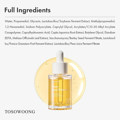TOSOWOONG Glow Bean Essence - 31,025ppm Soybean Ferment Extract Face Serum for Glass Skin, Exfoliating, Hydrating, Radiant Moisturizer, Korean Skin Care, 33ml