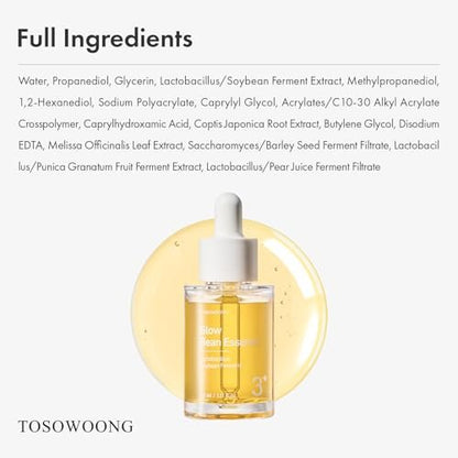 TOSOWOONG Glow Bean Essence - 31,025ppm Soybean Ferment Extract Face Serum for Glass Skin, Exfoliating, Hydrating, Radiant Moisturizer, Korean Skin Care, 33ml