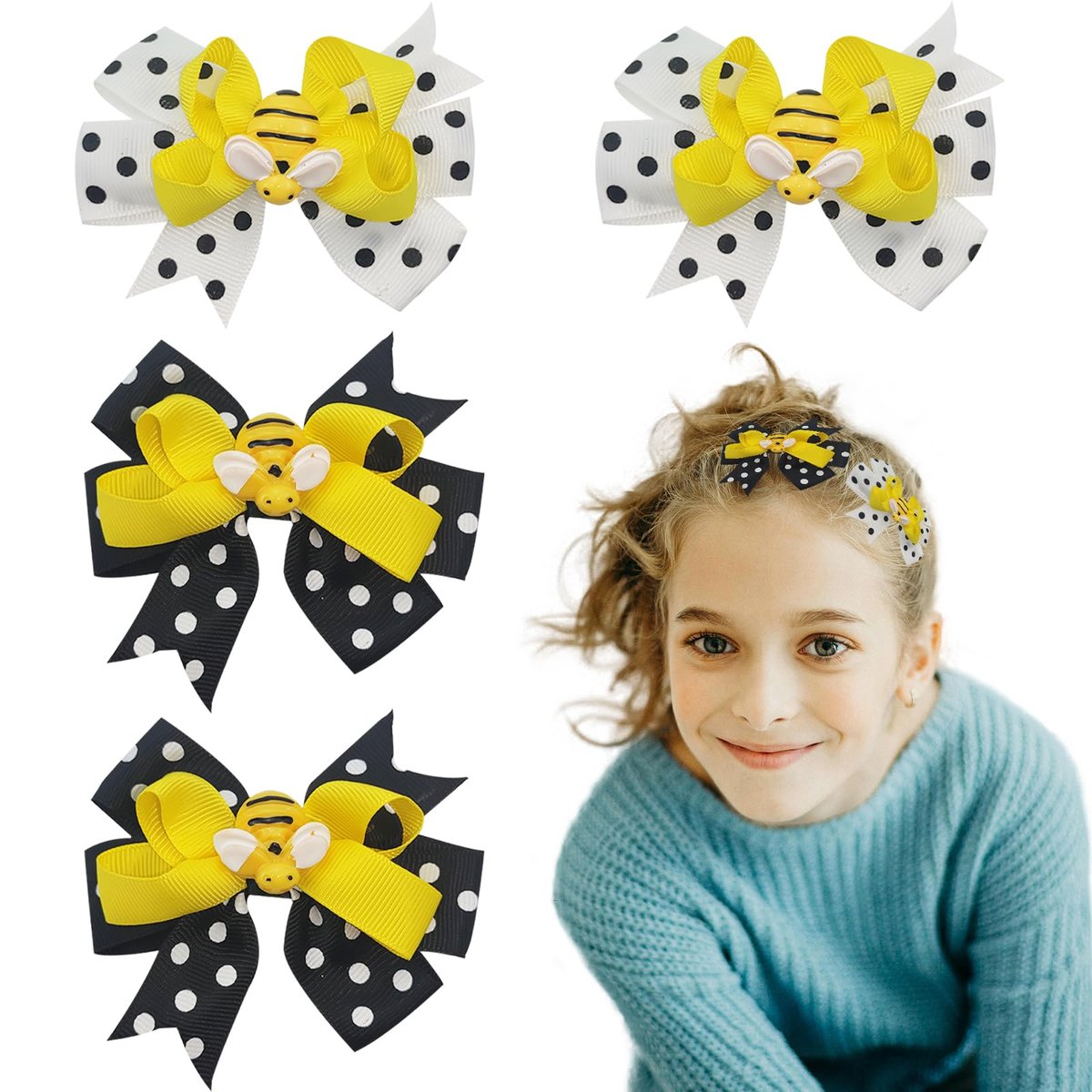 Jaczora 4 PCS Bee Hair Clips - Cute Honey Bee Alligator Hair Pins with Polka Dot Bows, Multicolor, Modern Style for Women & Adults - görsel 1