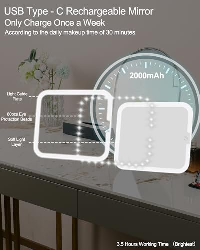 Relavel Makeup Mirror with Lights - LED Replacement for Makeup Bag, 3 Color Lighting, Brightness Adjustable, 8.3 x 5.1 Inches, White Avelisse