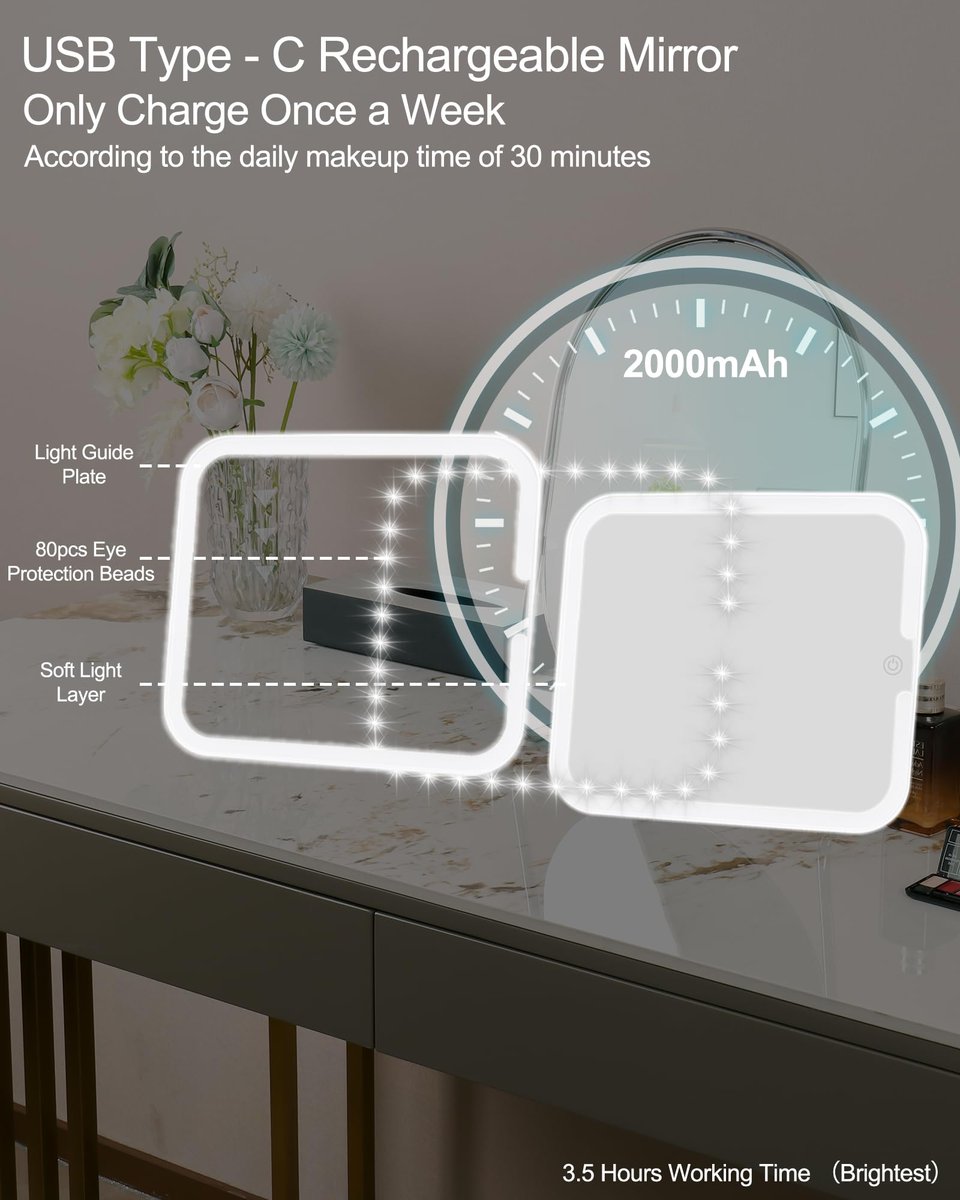 Relavel Makeup Mirror with Lights - LED Replacement for Makeup Bag, 3 Color Lighting, Brightness Adjustable, 8.3 x 5.1 Inches, White Avelisse