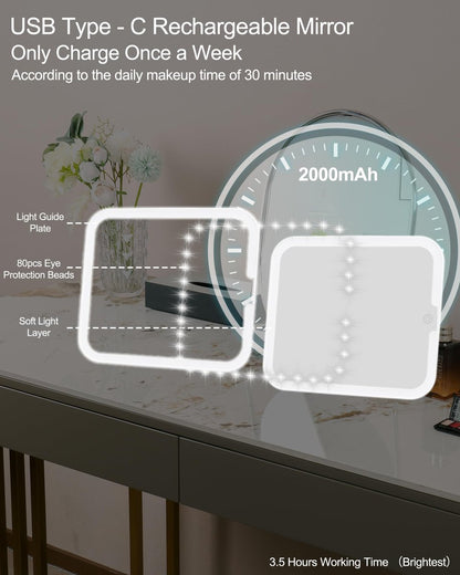 Relavel Makeup Mirror with Lights - LED Replacement for Makeup Bag, 3 Color Lighting, Brightness Adjustable, 8.3 x 5.1 Inches, White Avelisse