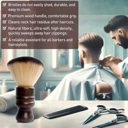 Jaasuee Large Neck Duster Soft Nylon Hair Barber Brush with Wooden Handle - Face Cleaning Hairbrush for Haircuts and Styling Kits, Brown