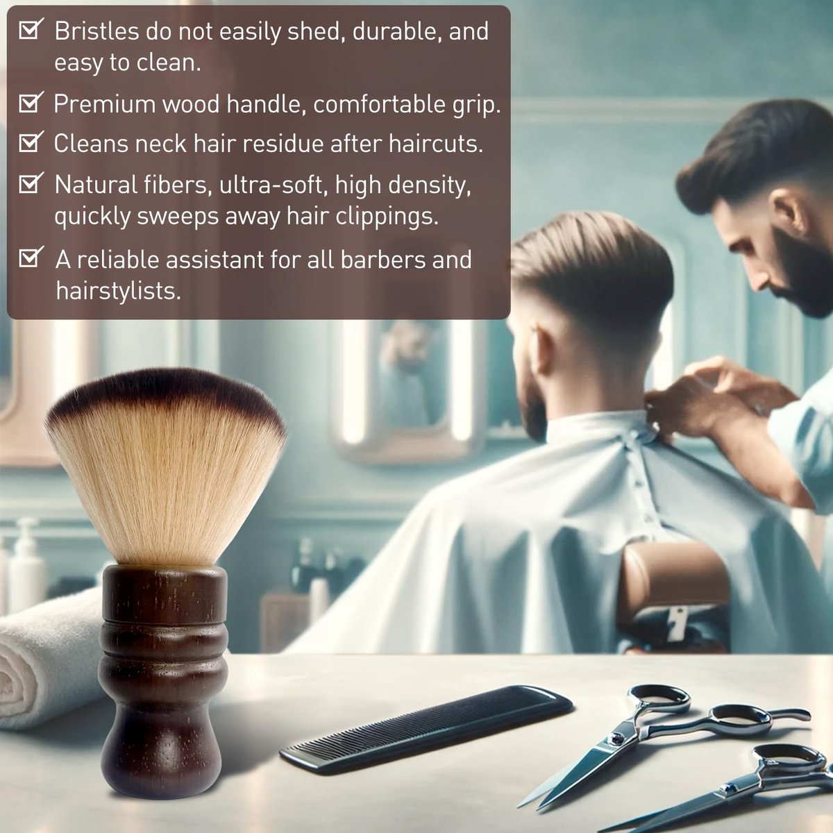 Jaasuee Large Neck Duster Soft Nylon Hair Barber Brush with Wooden Handle - Face Cleaning Hairbrush for Haircuts and Styling Kits, Brown - görsel 4