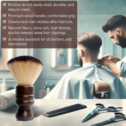 Jaasuee Large Neck Duster Soft Nylon Hair Barber Brush with Wooden Handle - Face Cleaning Hairbrush for Haircuts and Styling Kits, Brown