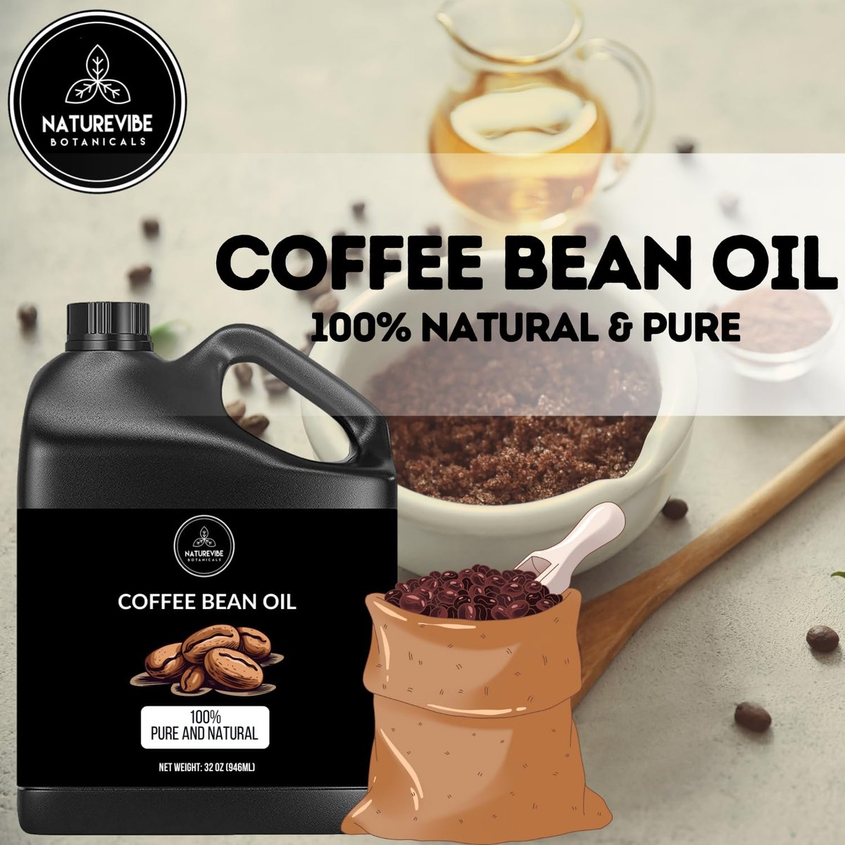 Naturevibe Botanicals 100% Pure Coffee Bean Oil - 32 oz | Natural Moisturizer for Skin & Hair Care Avelisse