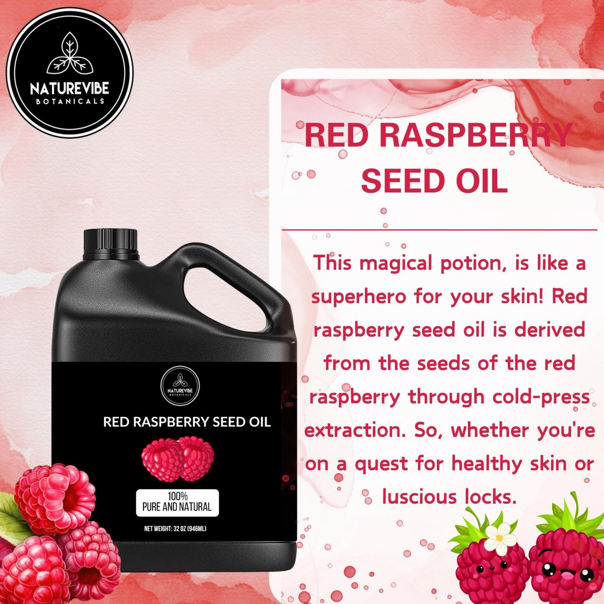 Naturevibe Botanicals Red Raspberry Oil - 100% Pure & Natural for Skin & Hair Care (32 oz) Avelisse