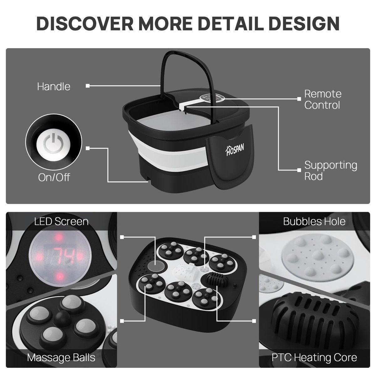 HOSPAN Collapsible Foot Spa with Electric Rotary Massage, Heat, Bubbles, and 24 Shiatsu Massage Balls for Stress Relief Avelisse