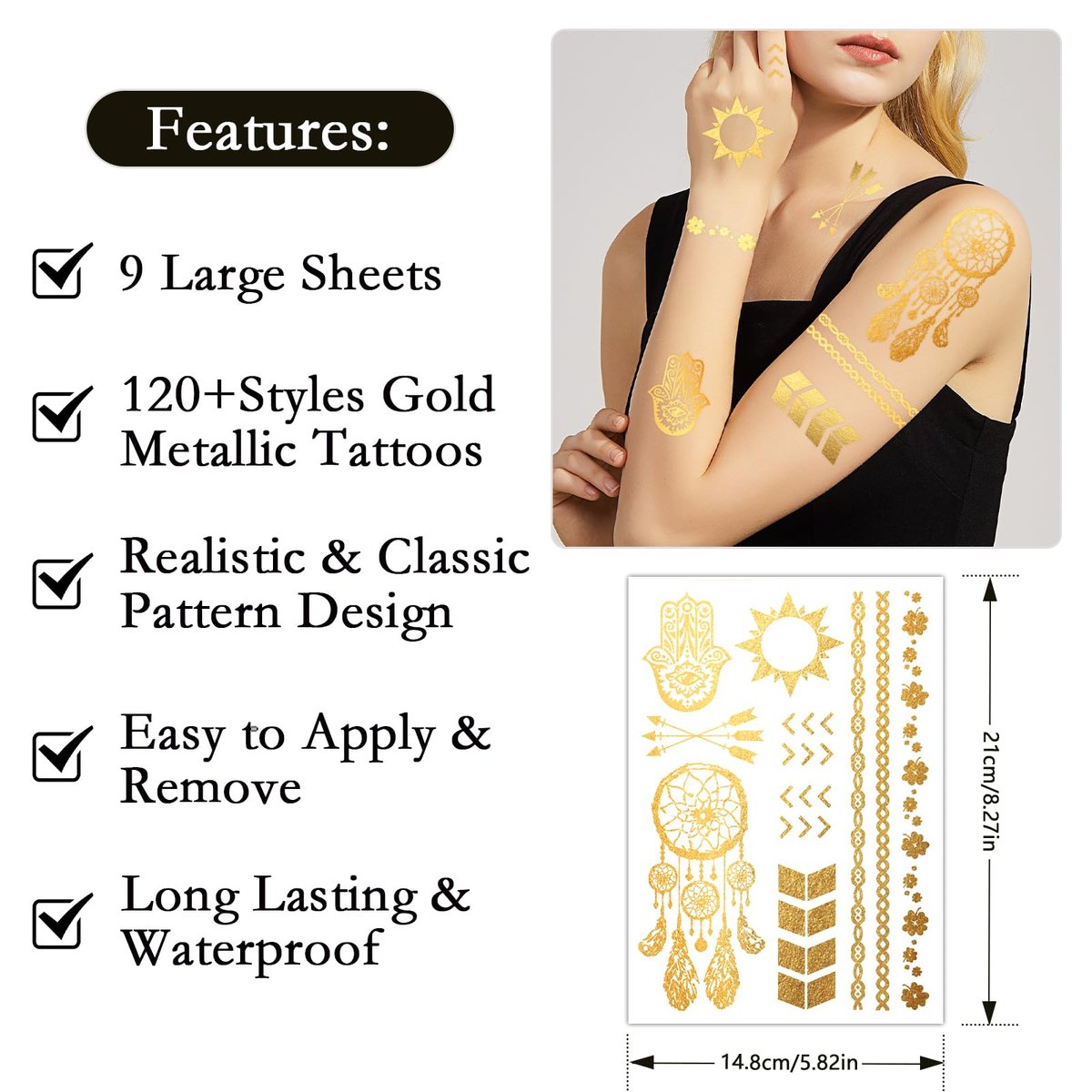 Konsait 9 Sheets Metallic Tattoos - Elaborate Floral Elephant Patterns Gold Temporary Tattoos for Women & Girls, Festival & Party Accessories - görsel 5