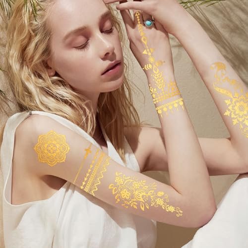 Konsait 9 Sheets Metallic Tattoos - Elaborate Floral Elephant Patterns Gold Temporary Tattoos for Women & Girls, Festival & Party Accessories - görsel 8