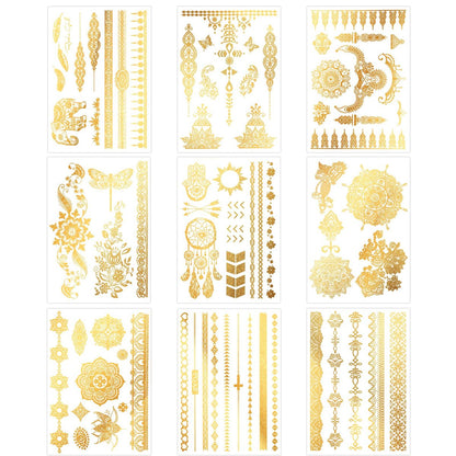 Konsait 9 Sheets Metallic Tattoos - Elaborate Floral Elephant Patterns Gold Temporary Tattoos for Women & Girls, Festival & Party Accessories