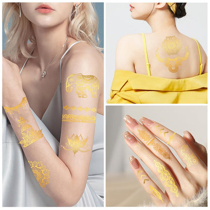 Konsait 9 Sheets Metallic Tattoos - Elaborate Floral Elephant Patterns Gold Temporary Tattoos for Women & Girls, Festival & Party Accessories