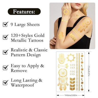 Konsait 9 Sheets Metallic Tattoos - Elaborate Floral Elephant Patterns Gold Temporary Tattoos for Women & Girls, Festival & Party Accessories
