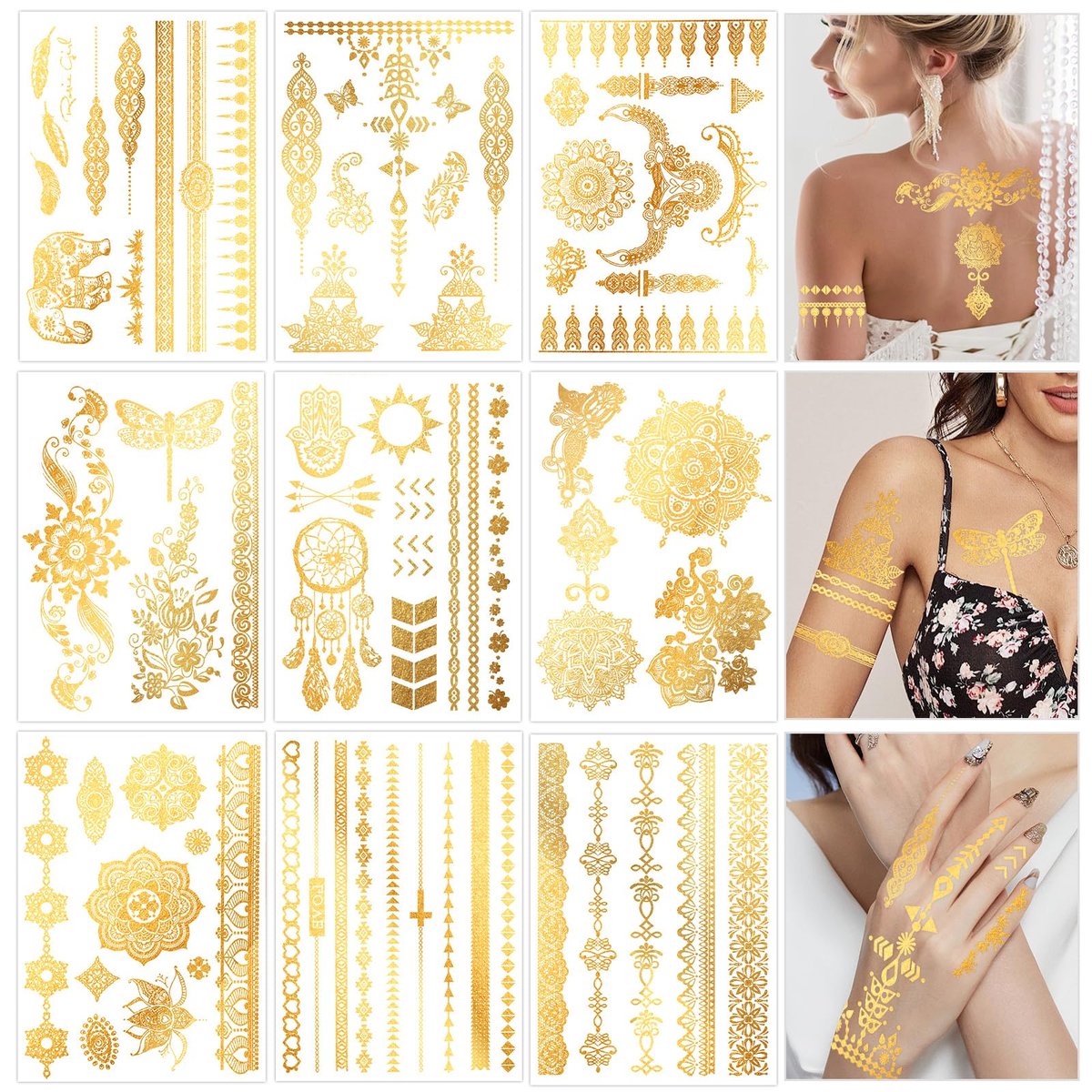 Konsait 9 Sheets Metallic Tattoos - Elaborate Floral Elephant Patterns Gold Temporary Tattoos for Women & Girls, Festival & Party Accessories - görsel 1