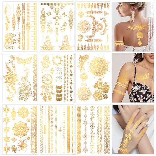 Konsait 9 Sheets Metallic Tattoos - Elaborate Floral Elephant Patterns Gold Temporary Tattoos for Women & Girls, Festival & Party Accessories - görsel 2